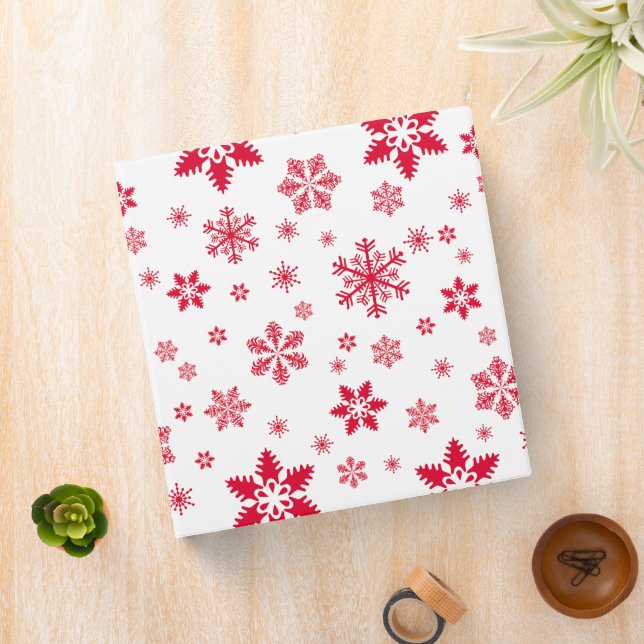 Snowflake Pattern, Red Snowflakes, Snow, White 3 Ring Binder (In Situ)