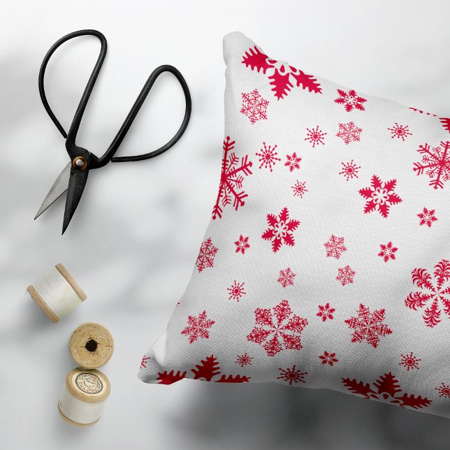 Snowflake Pattern, Red Snowflakes, Snow, White Accent Pillow (Creator Uploaded)
