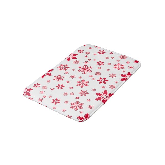 Snowflake Pattern, Red Snowflakes, Snow, White Bath Mat (Angled)