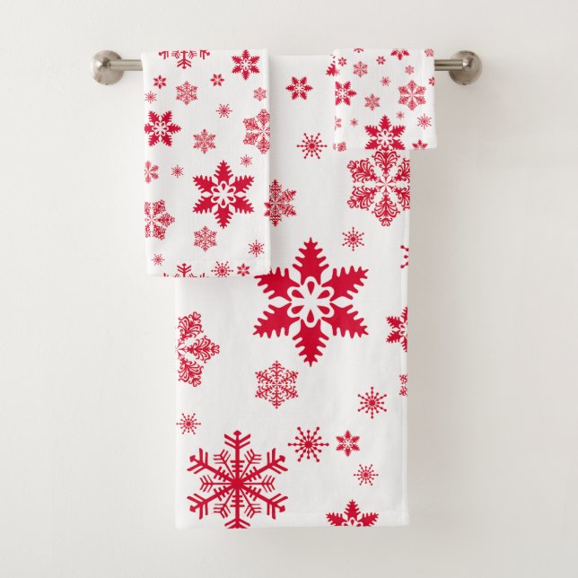 Snowflake Pattern, Red Snowflakes, Snow, White Bath Towel Set (Insitu)