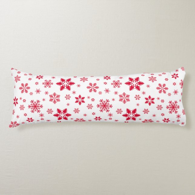 Snowflake Pattern, Red Snowflakes, Snow, White Body Pillow (Front)