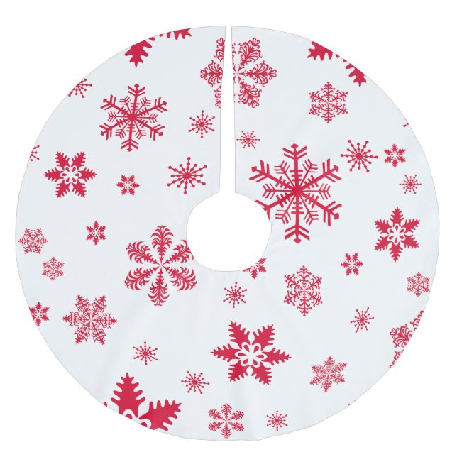 Snowflake Pattern, Red Snowflakes, Snow, White Brushed Polyester Tree Skirt (Front)