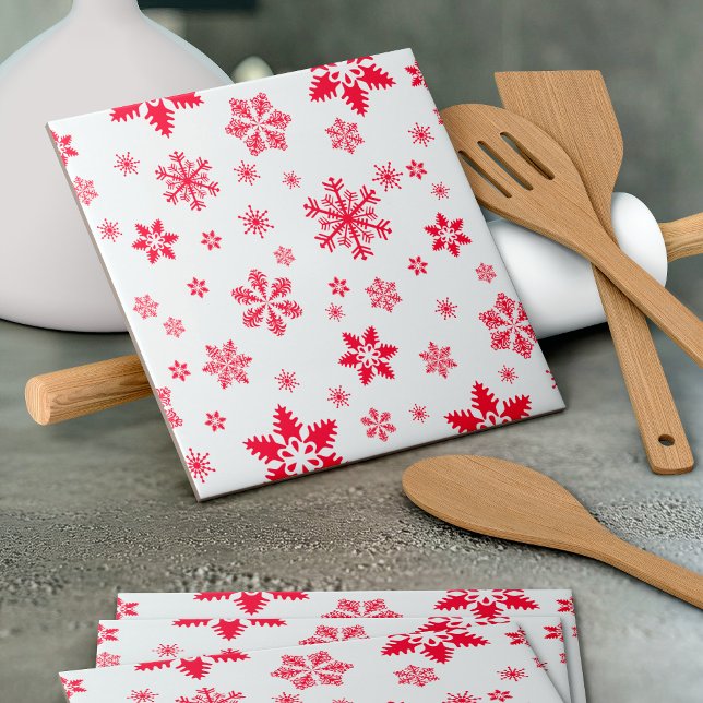 Snowflake Pattern, Red Snowflakes, Snow, White Ceramic Tile (Creator Uploaded)