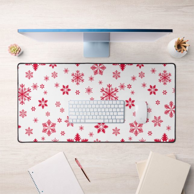 Snowflake Pattern, Red Snowflakes, Snow, White Desk Mat (Office 1)