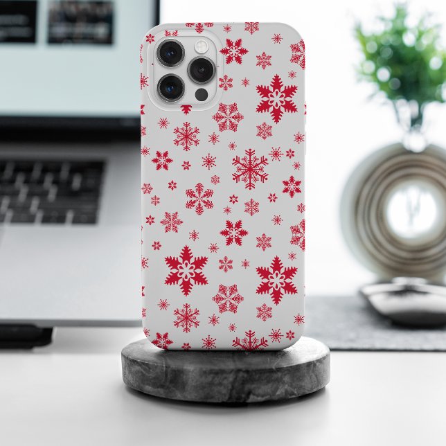 Snowflake Pattern, Red Snowflakes, Snow, White iPhone Case (Creator Uploaded)