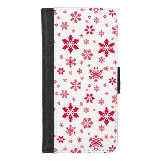 Snowflake Pattern, Red Snowflakes, Snow, White iPhone Wallet Case (Front)