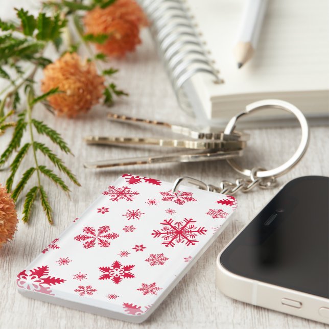 Snowflake Pattern, Red Snowflakes, Snow, White Keychain (Front Right)