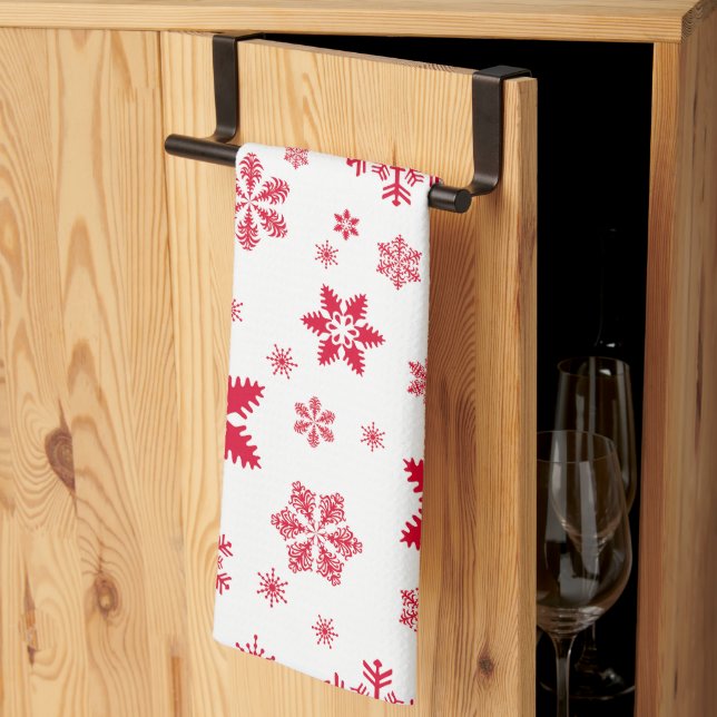 Snowflake Pattern, Red Snowflakes, Snow, White Kitchen Towel (Thirds Fold)