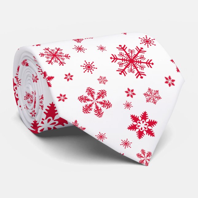 Snowflake Pattern, Red Snowflakes, Snow, White Neck Tie (Rolled)