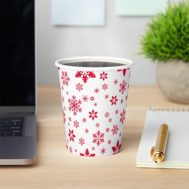 Snowflake Pattern, Red Snowflakes, Snow, White Paper Cups (Insitu)