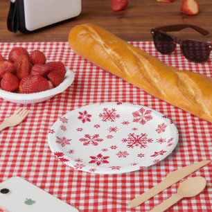 Snowflake Pattern, Red Snowflakes, Snow, White Paper Plates