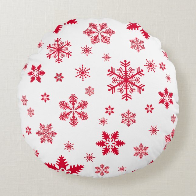 Snowflake Pattern, Red Snowflakes, Snow, White Round Pillow (Front)
