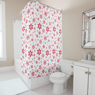 Snowflake Pattern, Red Snowflakes, Snow, White Shower Curtain