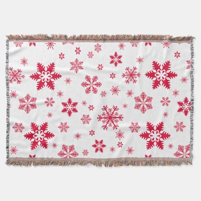 Snowflake Pattern, Red Snowflakes, Snow, White Throw Blanket (Front)