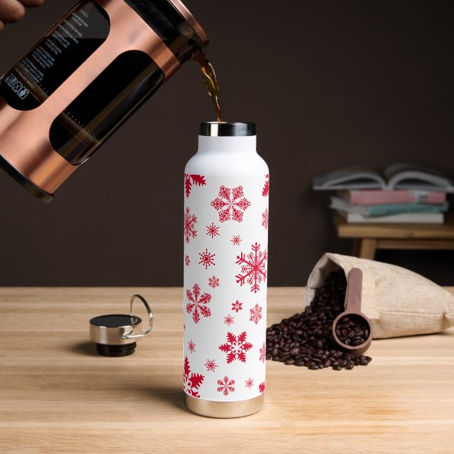 Snowflake Pattern, Red Snowflakes, Snow, White Water Bottle (Coffee)