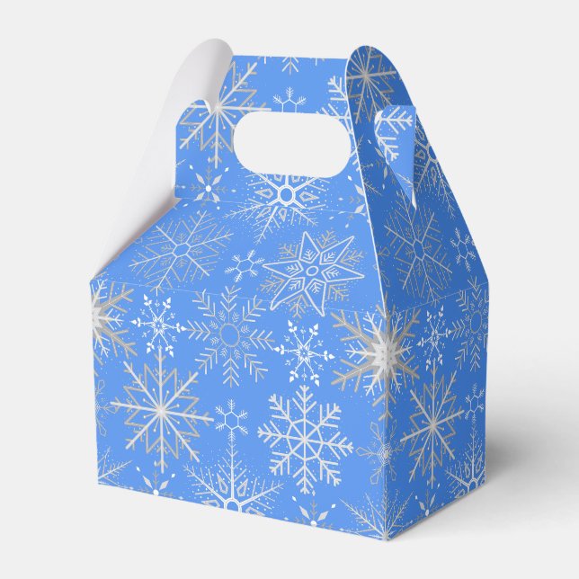 Snowflake pattern White. Light Blue BG Favor Boxes (Front Side)