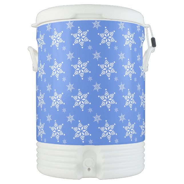 Snowflake Pattern, White Snowflakes, Snow, Blue Beverage Cooler (Front)