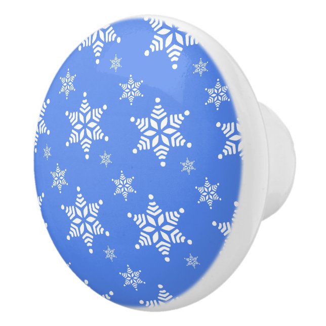 Snowflake Pattern, White Snowflakes, Snow, Blue Ceramic Knob (Right)