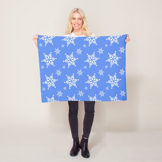 Snowflake Pattern, White Snowflakes, Snow, Blue Fleece Blanket (In Situ)