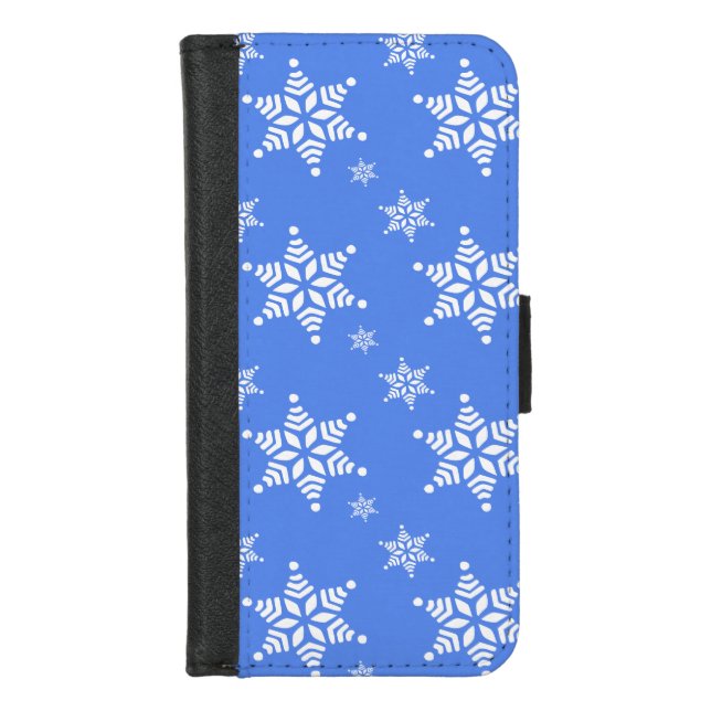 Snowflake Pattern, White Snowflakes, Snow, Blue iPhone Wallet Case (Front)