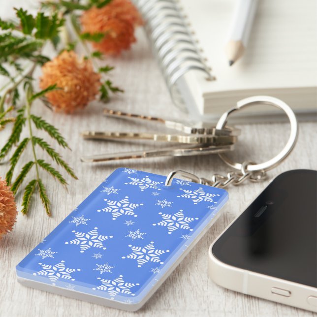 Snowflake Pattern, White Snowflakes, Snow, Blue Keychain (Front Right)