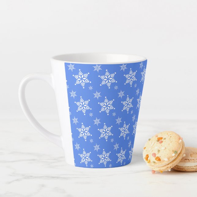 Snowflake Pattern, White Snowflakes, Snow, Blue Latte Mug (In Situ)