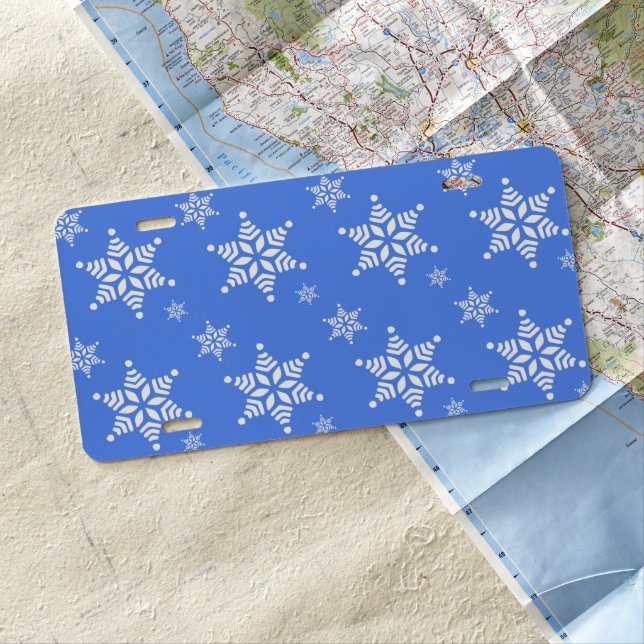 Snowflake Pattern, White Snowflakes, Snow, Blue License Plate (In Situ)