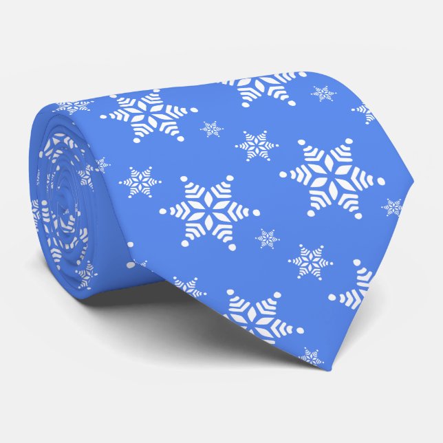Snowflake Pattern, White Snowflakes, Snow, Blue Neck Tie (Rolled)
