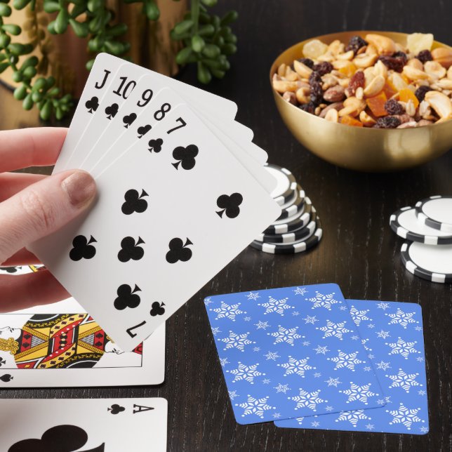Snowflake Pattern, White Snowflakes, Snow, Blue Poker Cards (In Situ)