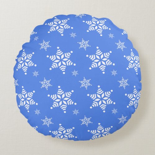 Snowflake Pattern White Snowflakes Snow Blue Round Pillow