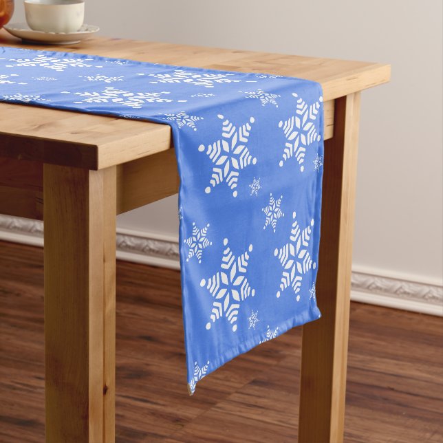 Snowflake Pattern, White Snowflakes, Snow, Blue Short Table Runner (In Situ)