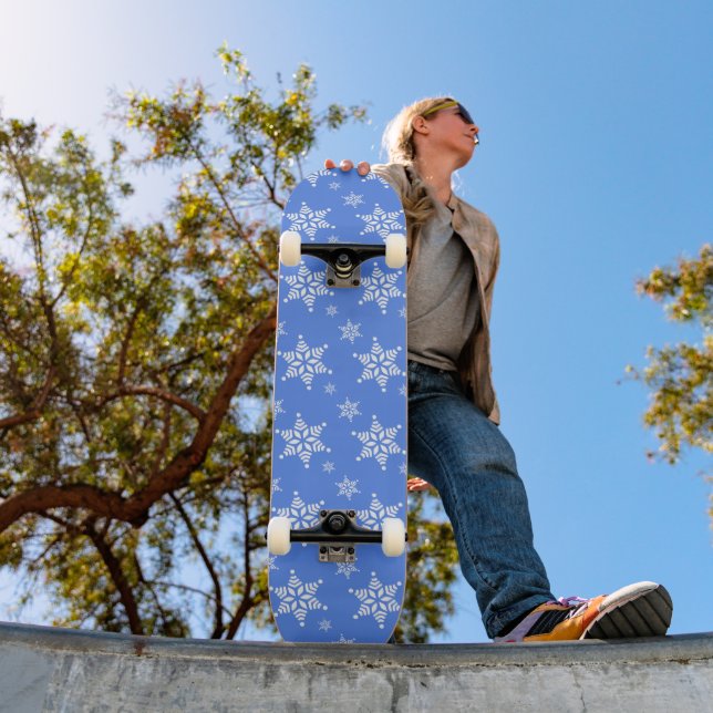 Snowflake Pattern, White Snowflakes, Snow, Blue Skateboard (Outdoor 1)