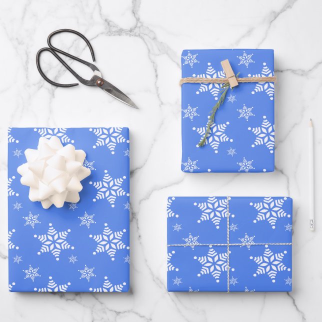 Snowflake Pattern, White Snowflakes, Snow, Blue Wrapping Paper Sheets (Front)