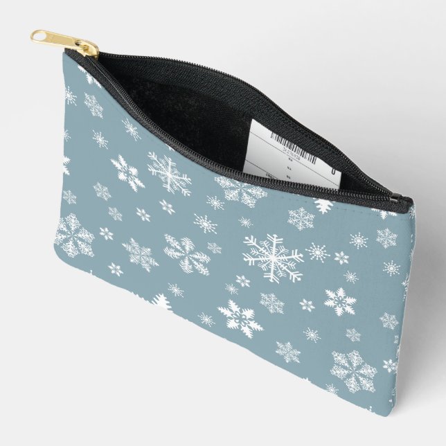 Snowflake Pattern, White Snowflakes, Snow, Gray Accessory Pouch (Open)