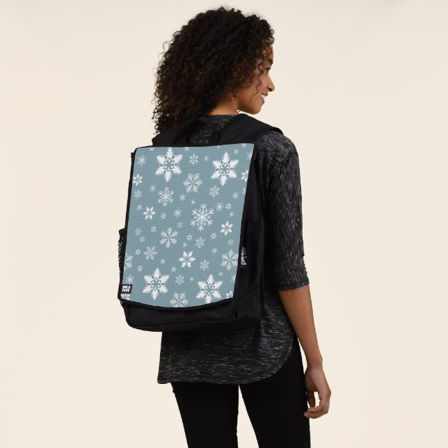 Snowflake Pattern, White Snowflakes, Snow, Gray Backpack (Worn)