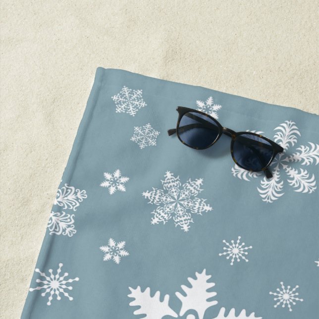 Snowflake Pattern, White Snowflakes, Snow, Gray Beach Towel (In Situ)