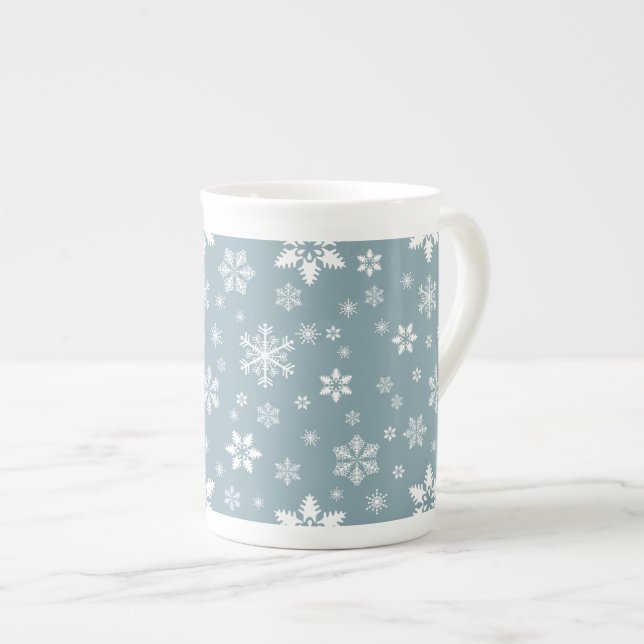 Snowflake Pattern, White Snowflakes, Snow, Gray Bone China Mug (Front Right)