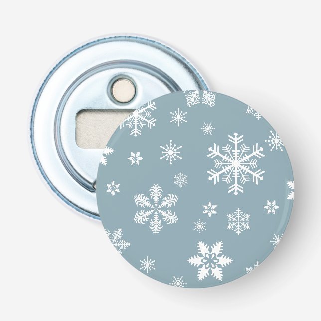 Snowflake Pattern, White Snowflakes, Snow, Gray Bottle Opener (Front)