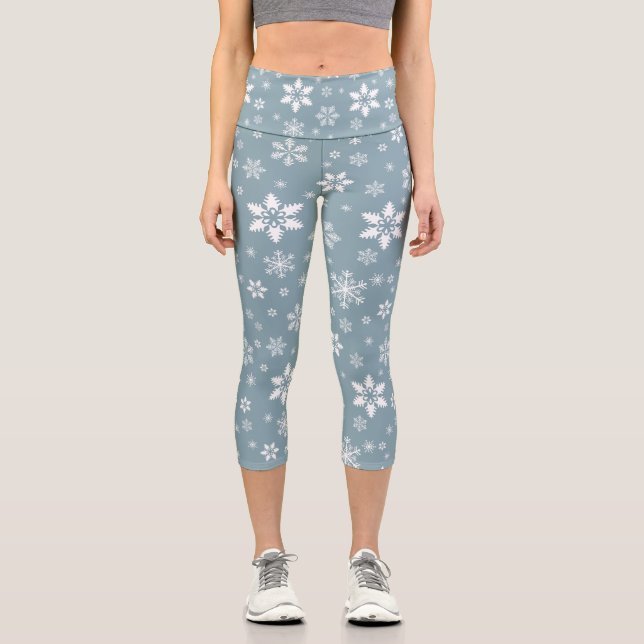 Snowflake Pattern, White Snowflakes, Snow, Gray Capri Leggings (Front)