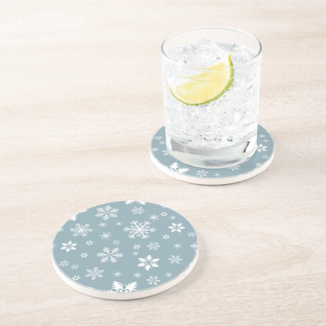 Snowflake Pattern, White Snowflakes, Snow, Gray Coaster (Side)