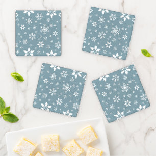 Snowflake Pattern, White Snowflakes, Snow, Gray Coaster Set