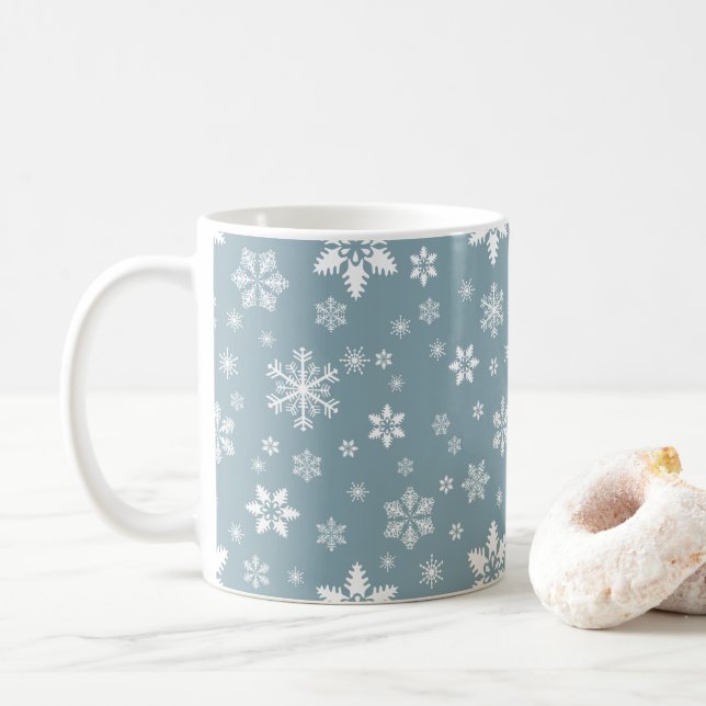 Snowflake Pattern, White Snowflakes, Snow, Gray Coffee Mug (With Donut)