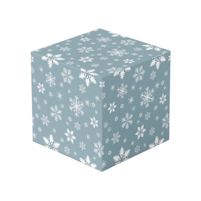 Snowflake Pattern, White Snowflakes, Snow, Gray Cube (Front Angled)