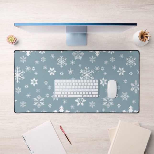 Snowflake Pattern, White Snowflakes, Snow, Gray Desk Mat (Office 1)