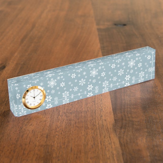 Snowflake Pattern, White Snowflakes, Snow, Gray Desk Name Plate (Side)