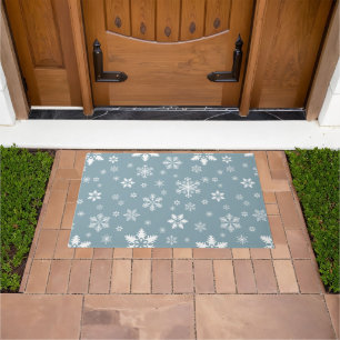 Snowflake Pattern, White Snowflakes, Snow, Gray Doormat