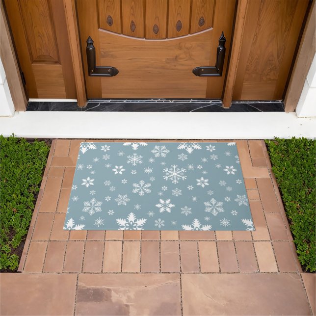 Snowflake Pattern, White Snowflakes, Snow, Gray Doormat (Outdoor)