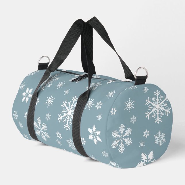 Snowflake Pattern, White Snowflakes, Snow, Gray Duffle Bag (Left Corner)