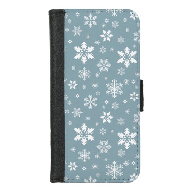 Snowflake Pattern, White Snowflakes, Snow, Gray iPhone Wallet Case (Front)