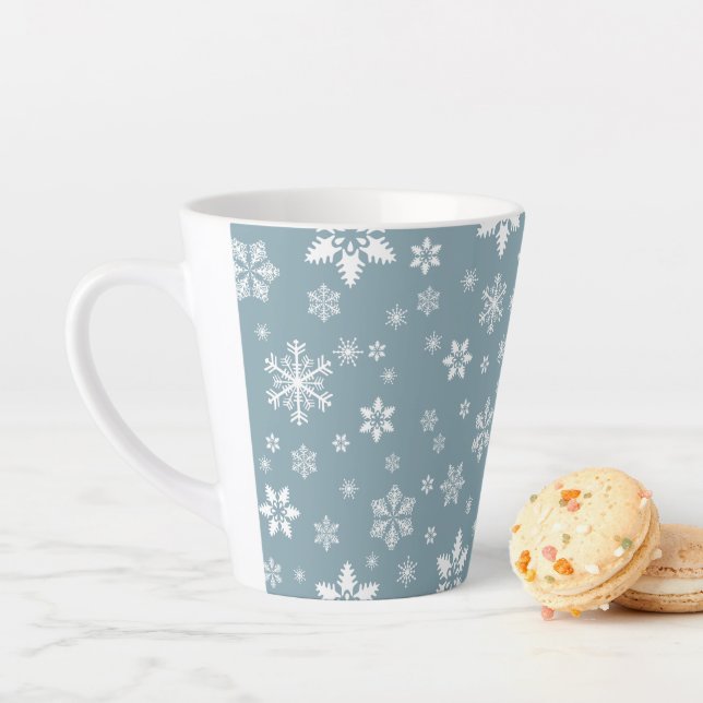 Snowflake Pattern, White Snowflakes, Snow, Gray Latte Mug (In Situ)